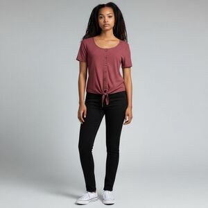 Pinque Solid Mauve Pink Round Neck Tie Front Button Down style Blouse Size M